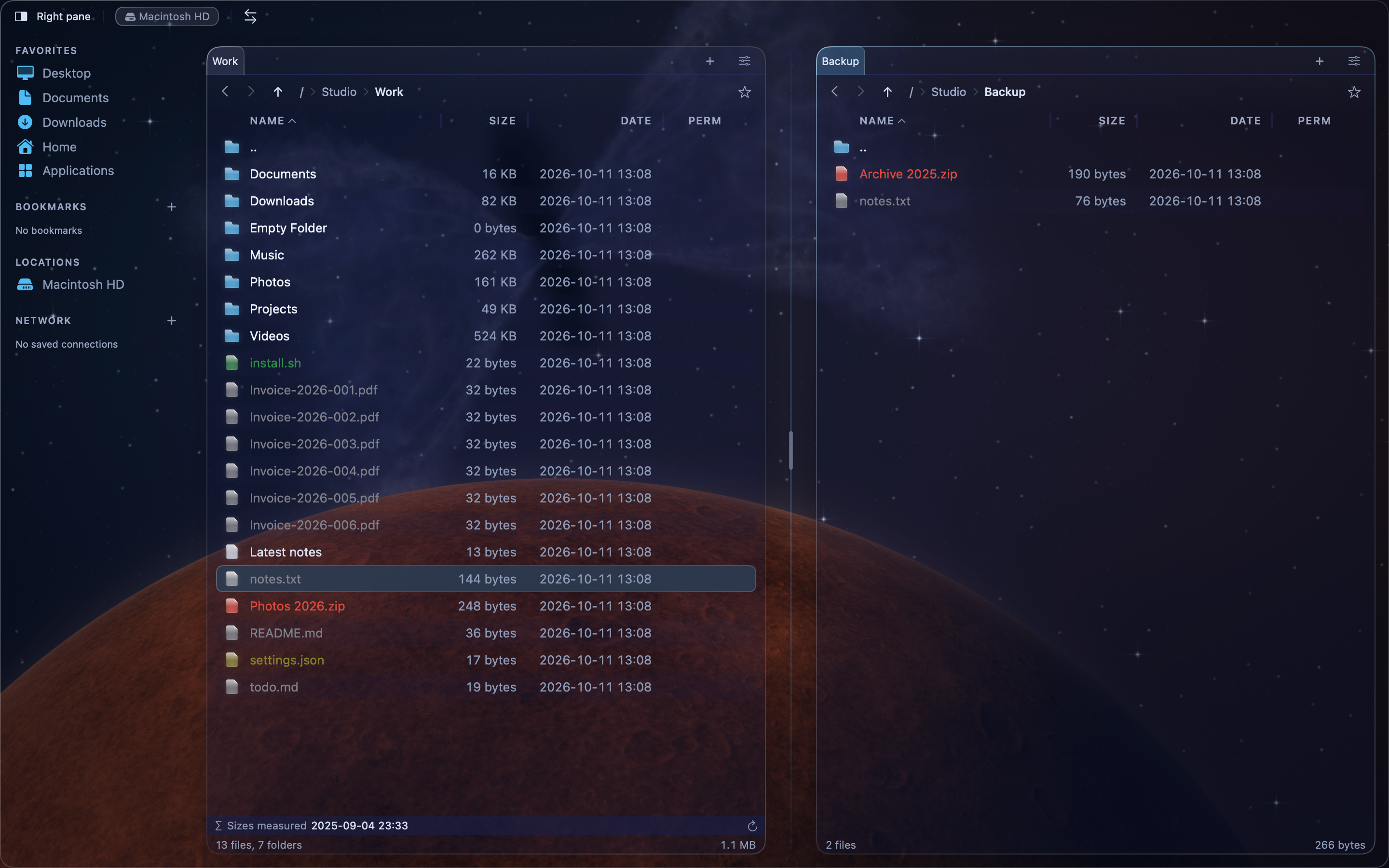 The right pane is active, with its path bar and current row highlighted.