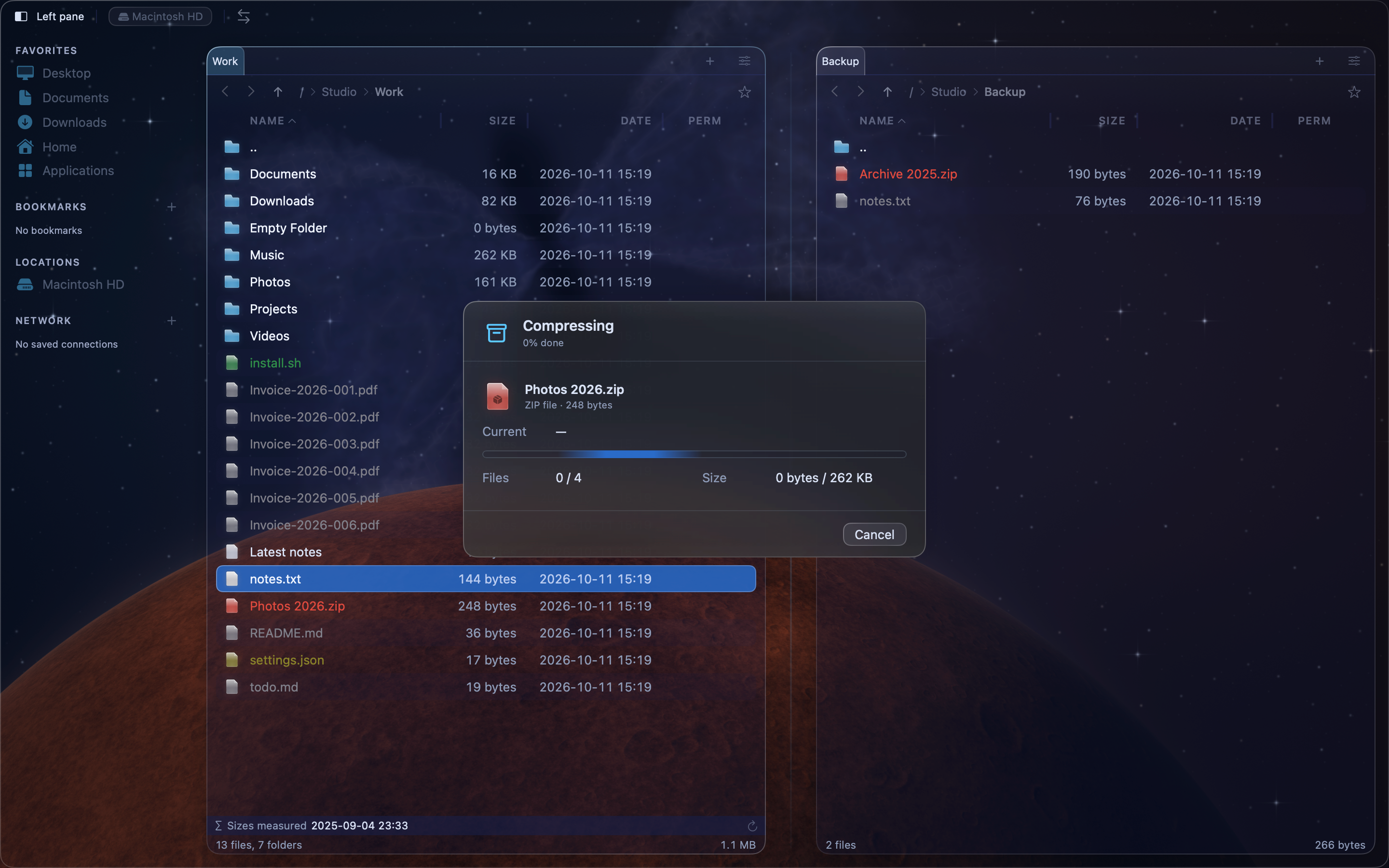 MeiFiles creating a ZIP archive from selected files with compression progress.
