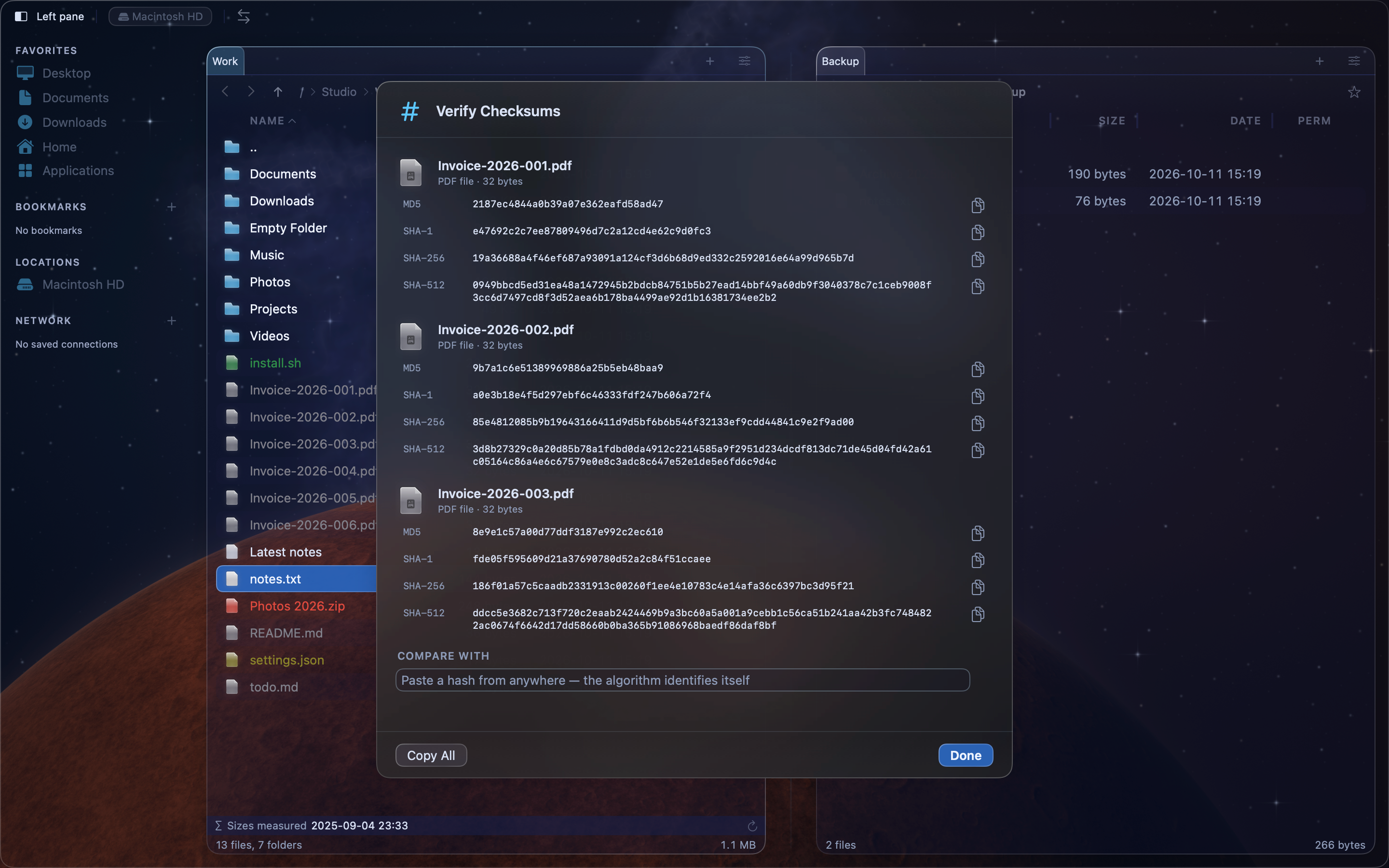 MeiFiles checksums screenshot.