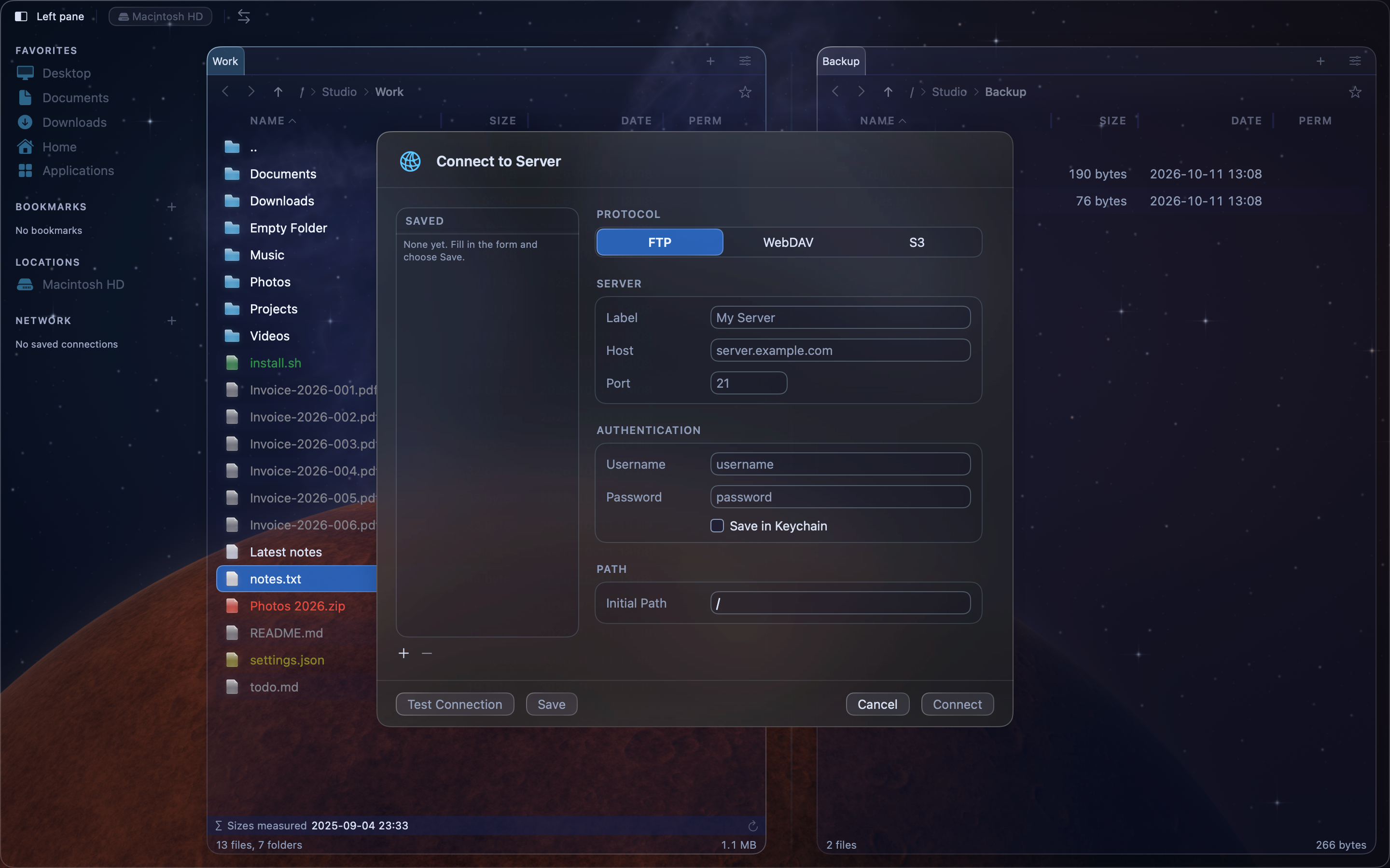 The connection manager, with saved connections on the left and the form for a new FTP connection on the right.