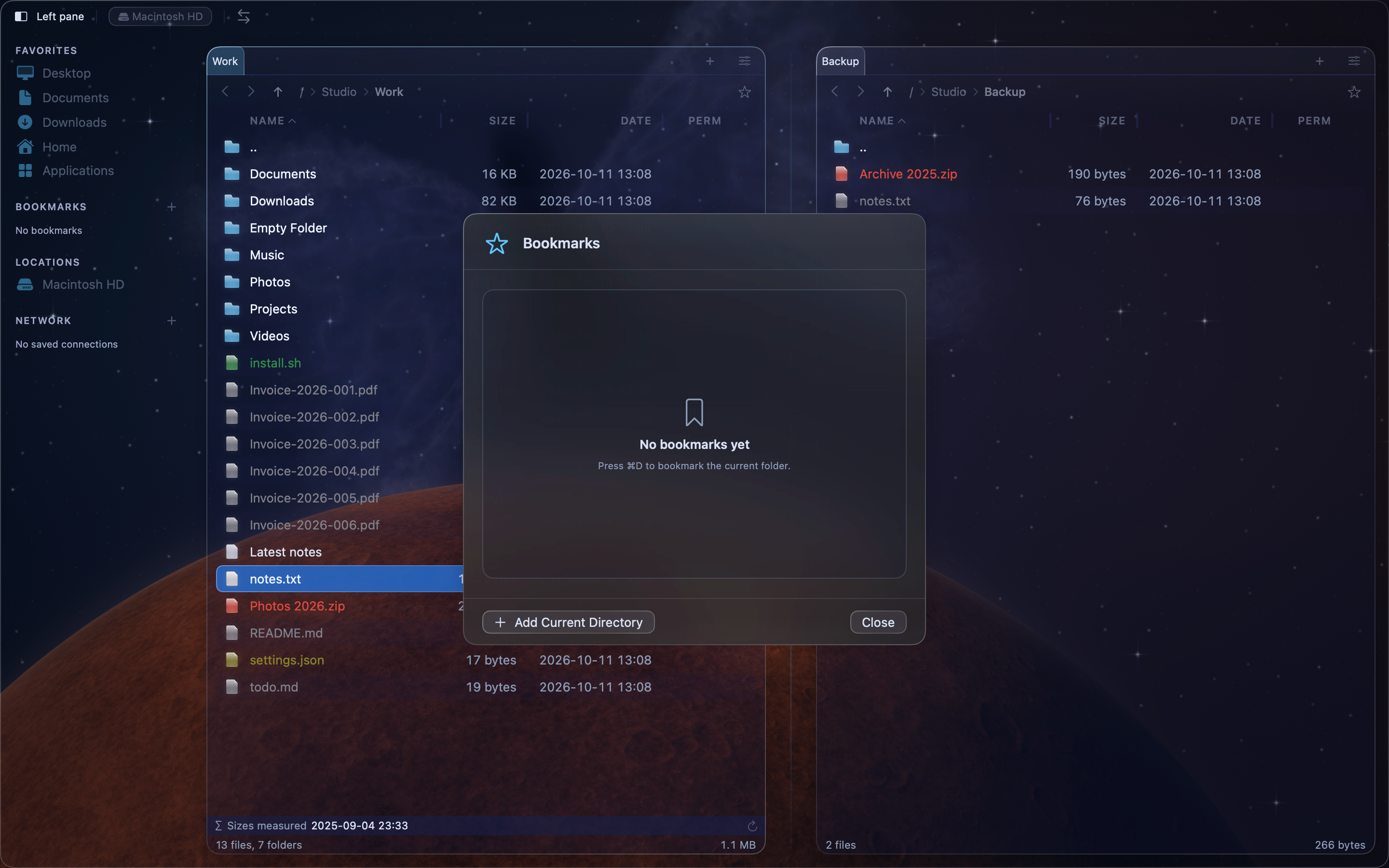 The Bookmarks dialog, with a list of bookmarked folders and their paths.