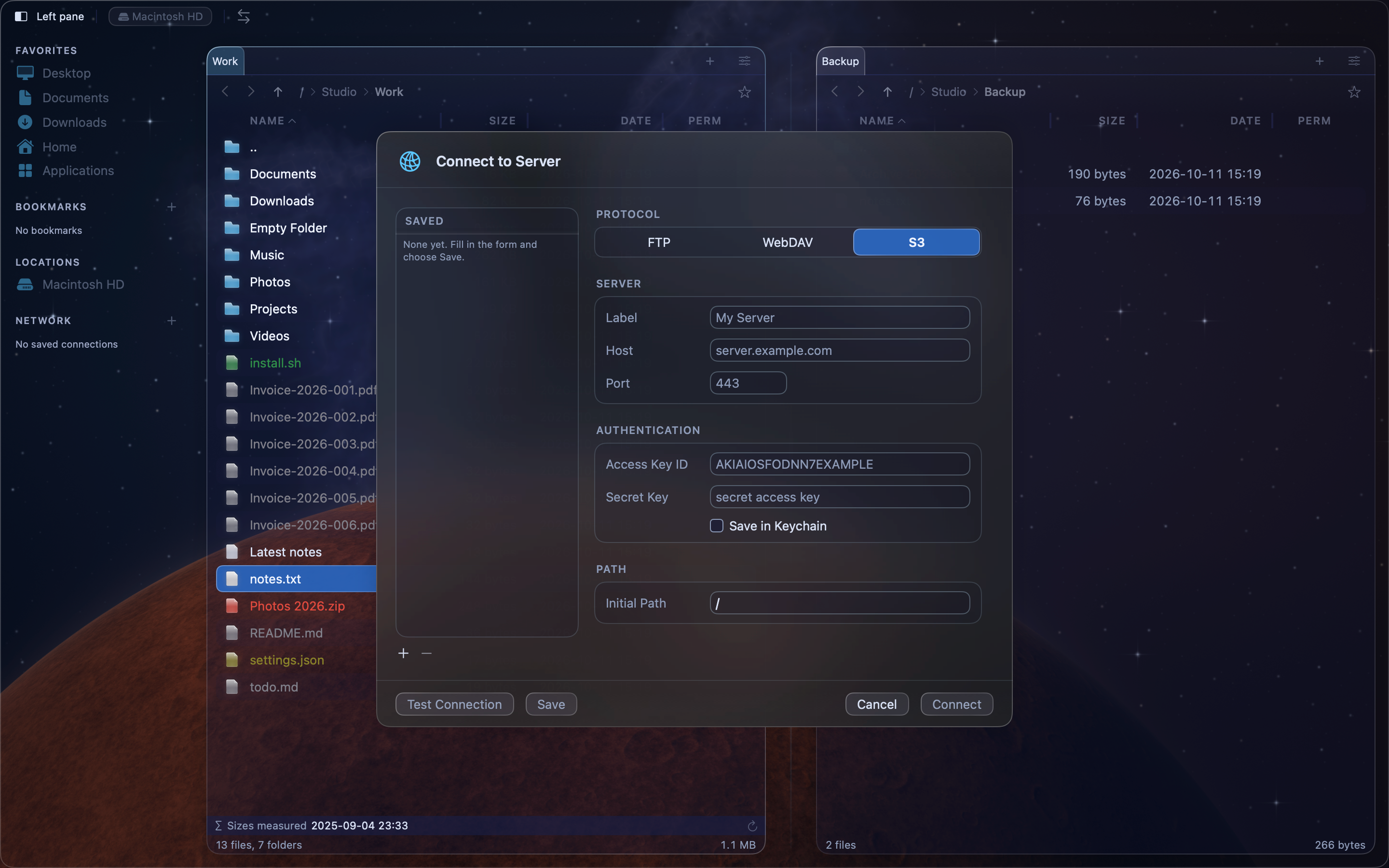 MeiFiles S3 connection with access key and secret key fields.