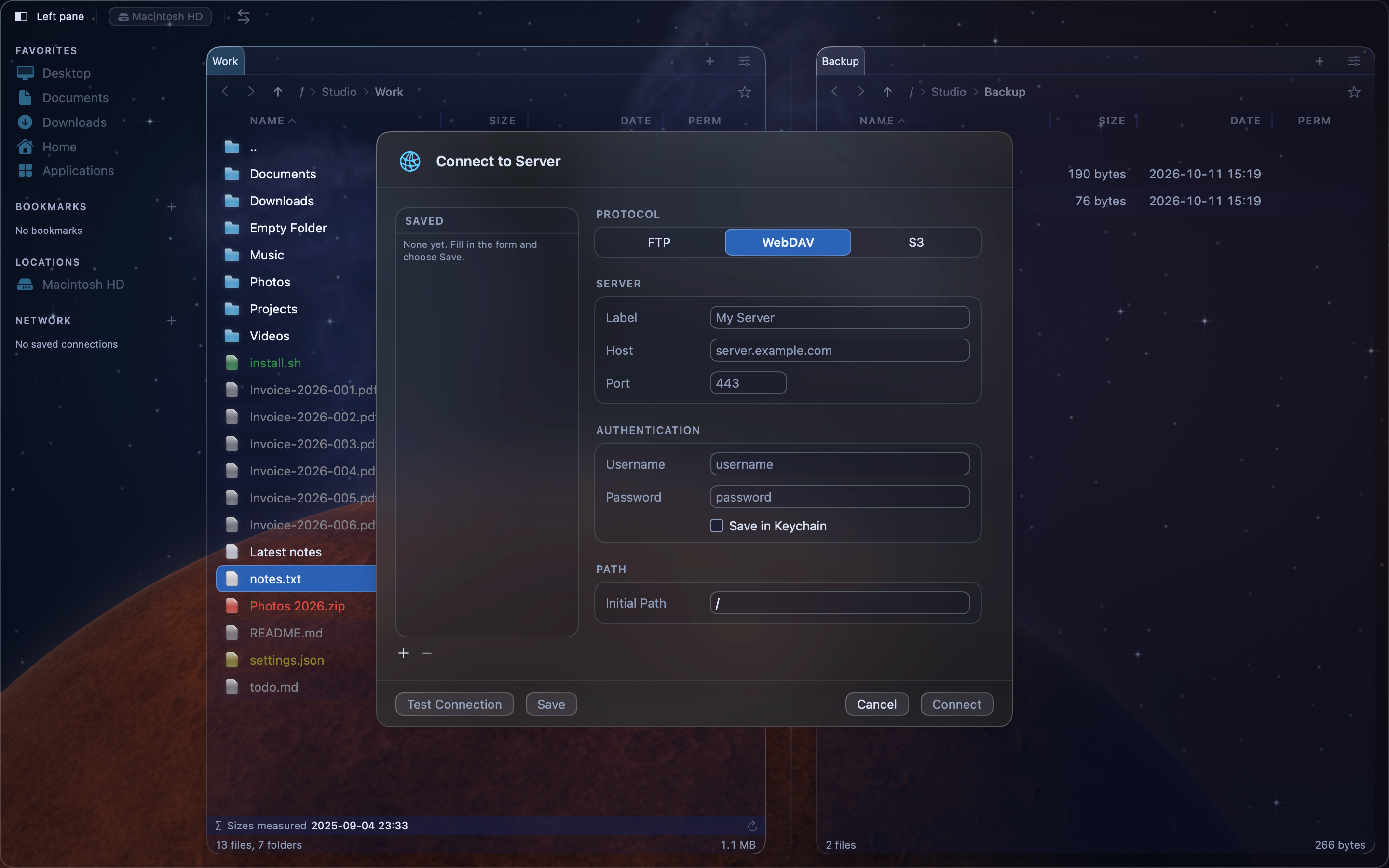 MeiFiles WebDAV connection and authentication settings.