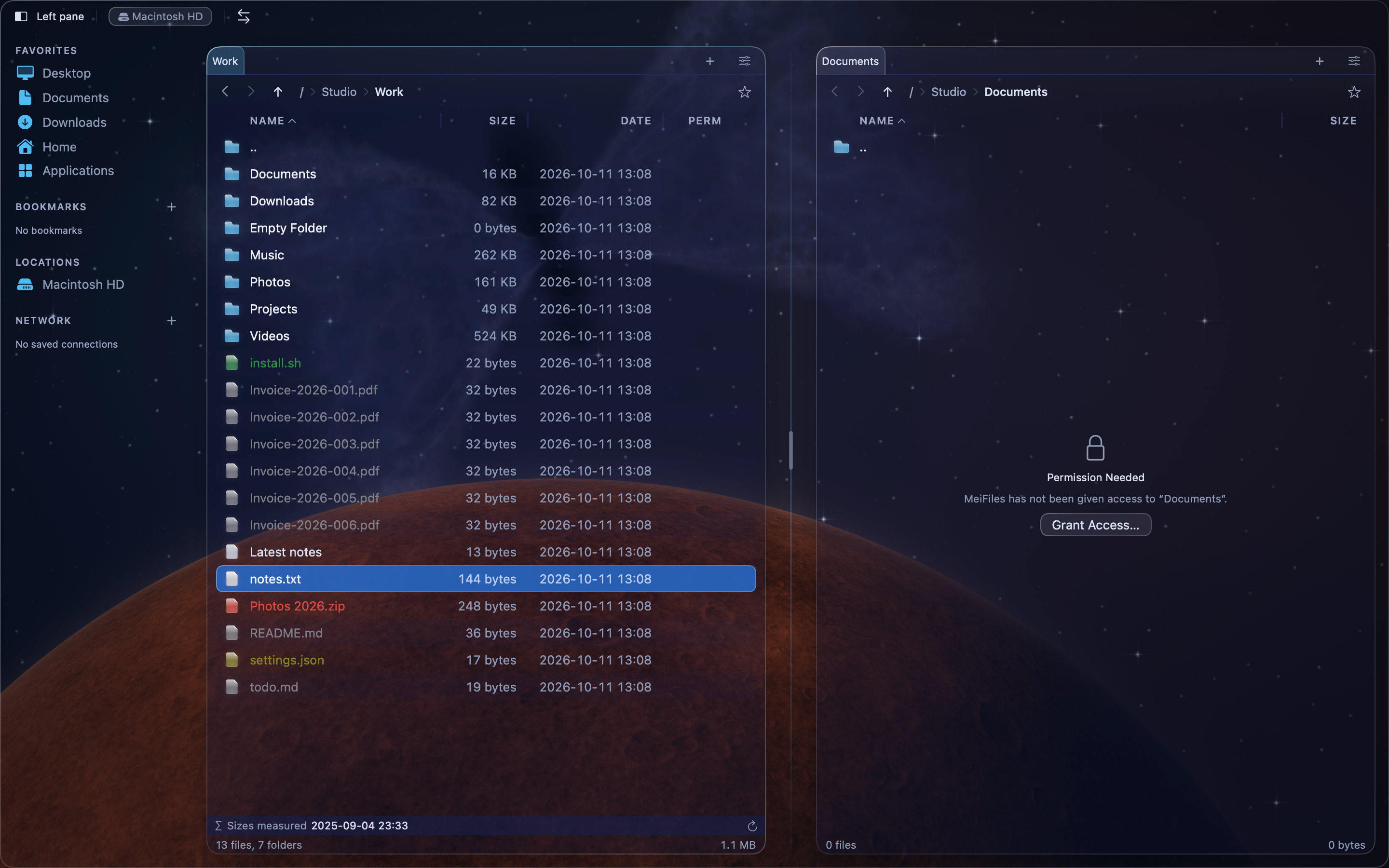 A pane showing Permission Needed, with a Grant Access button.