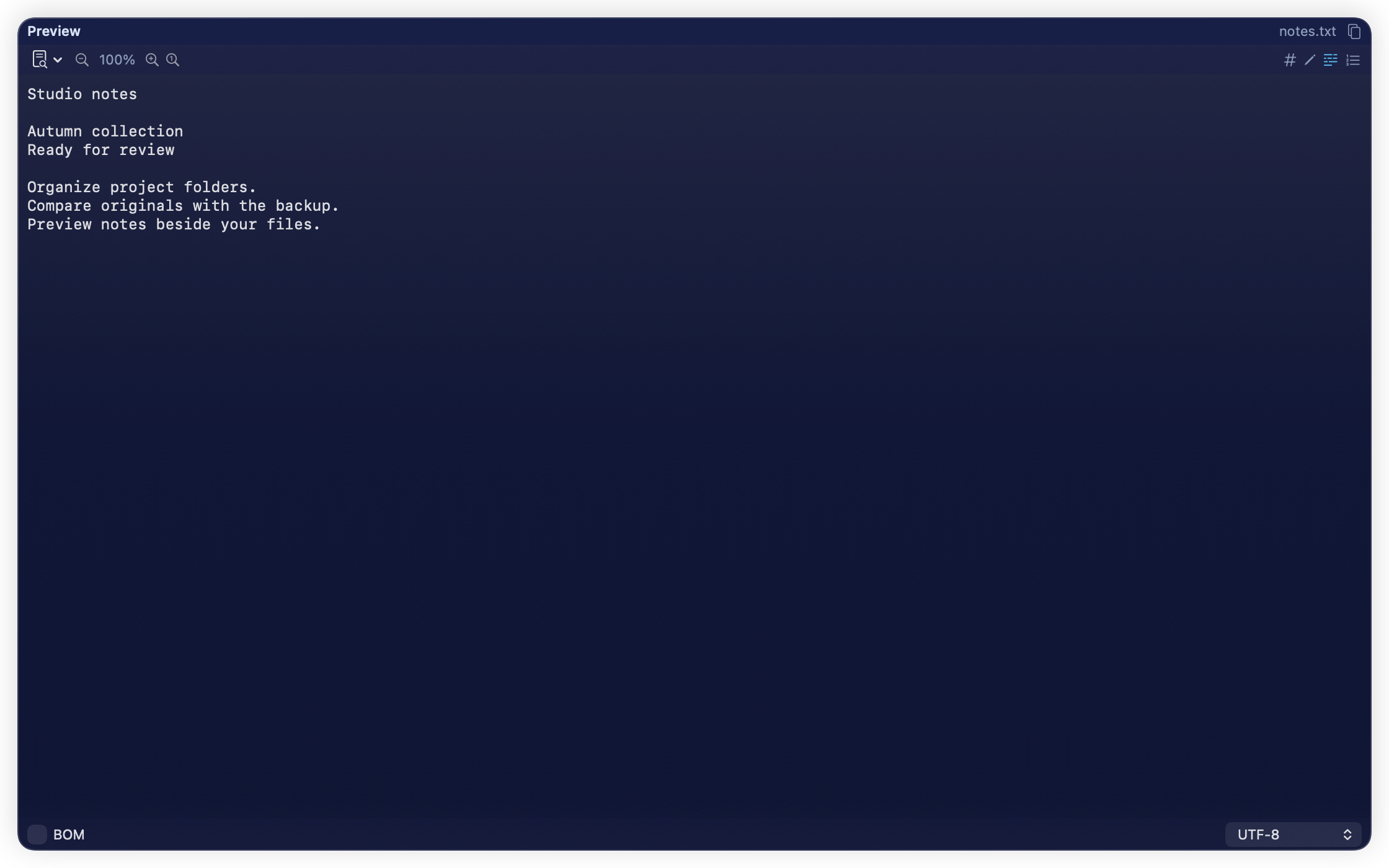 A text file in the preview pane. The Edit File button in its toolbar starts the built-in editor.