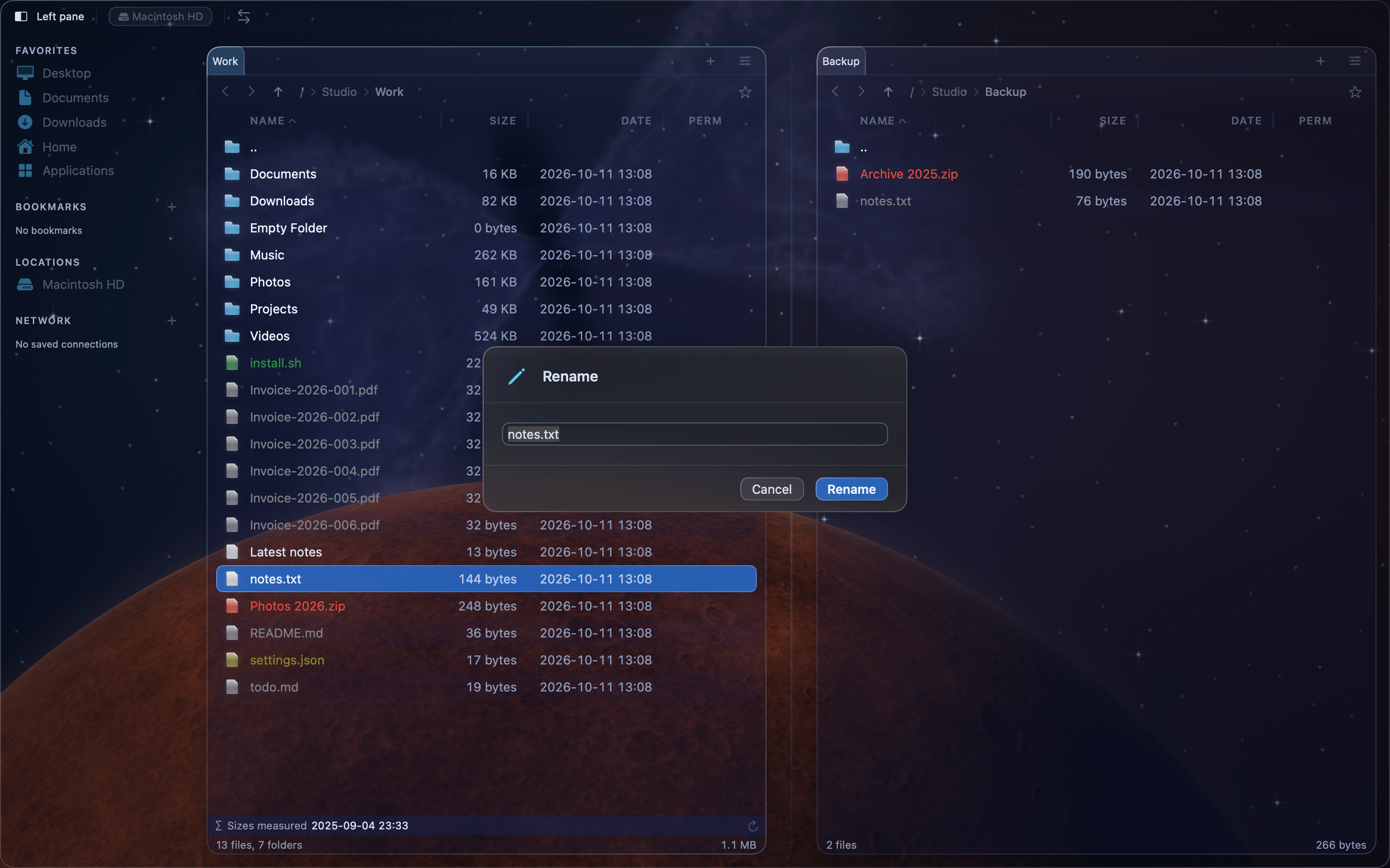The Rename dialog with the name Meeting notes.md in the New name field.