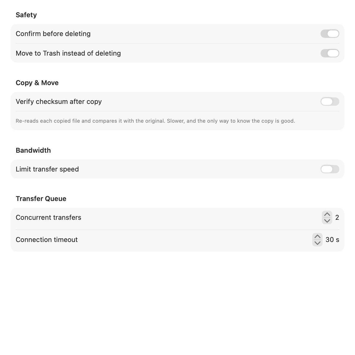 The Operations tab of Settings.
