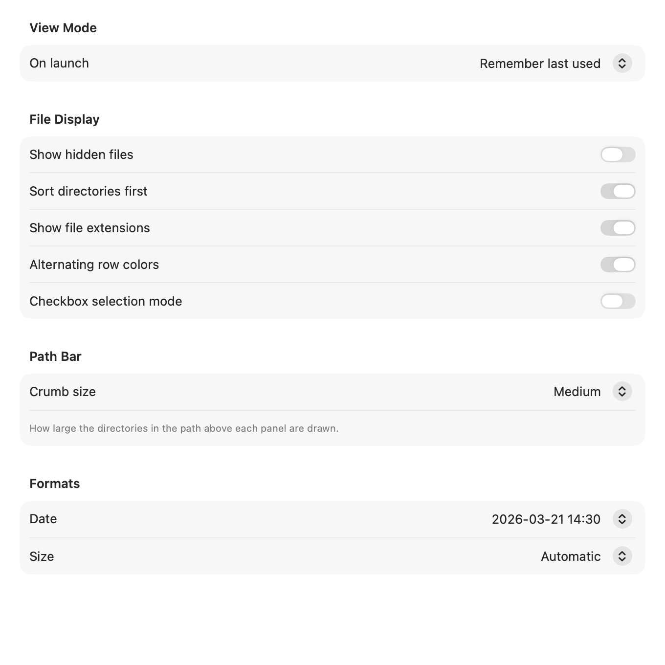 The Panels tab of Settings.