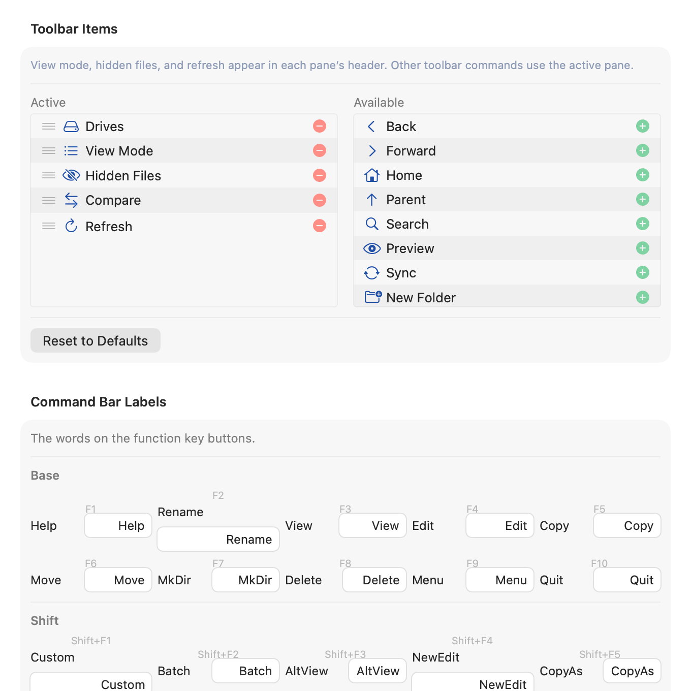 The Toolbar tab of Settings.