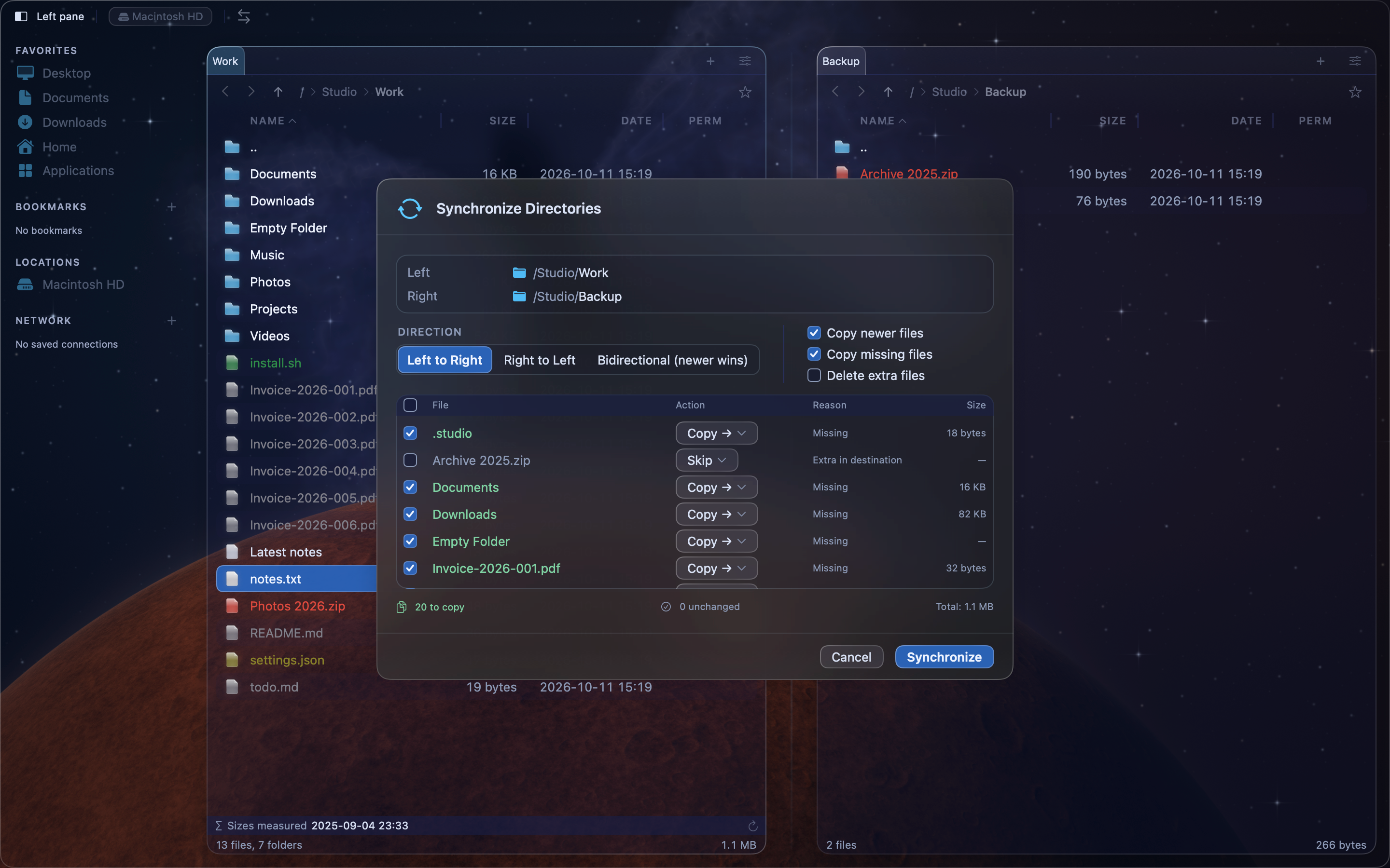 The Synchronize Directories sheet with the direction, the options and the list of planned actions.