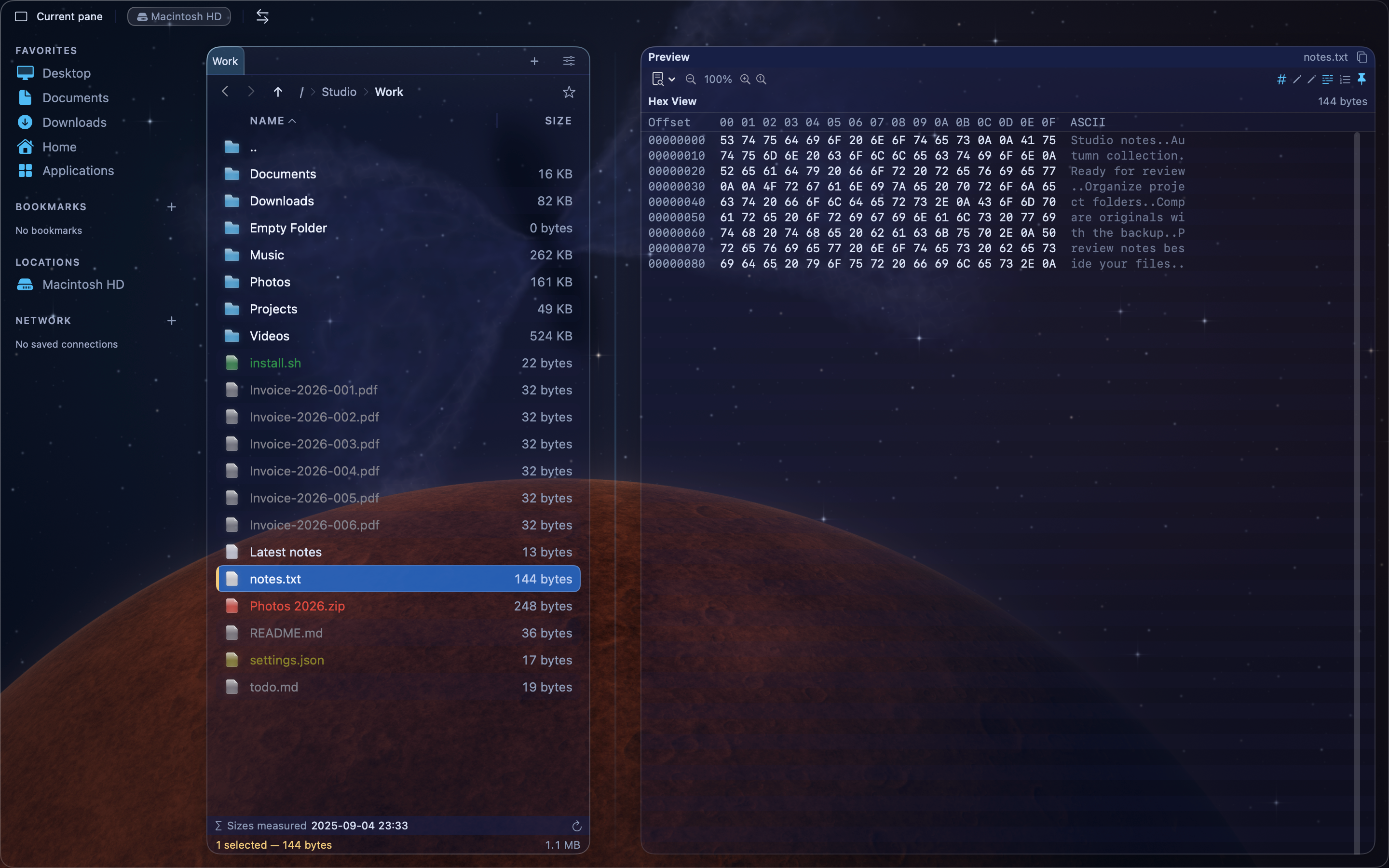 MeiFiles selected file list on the left and its hexadecimal preview on the right.