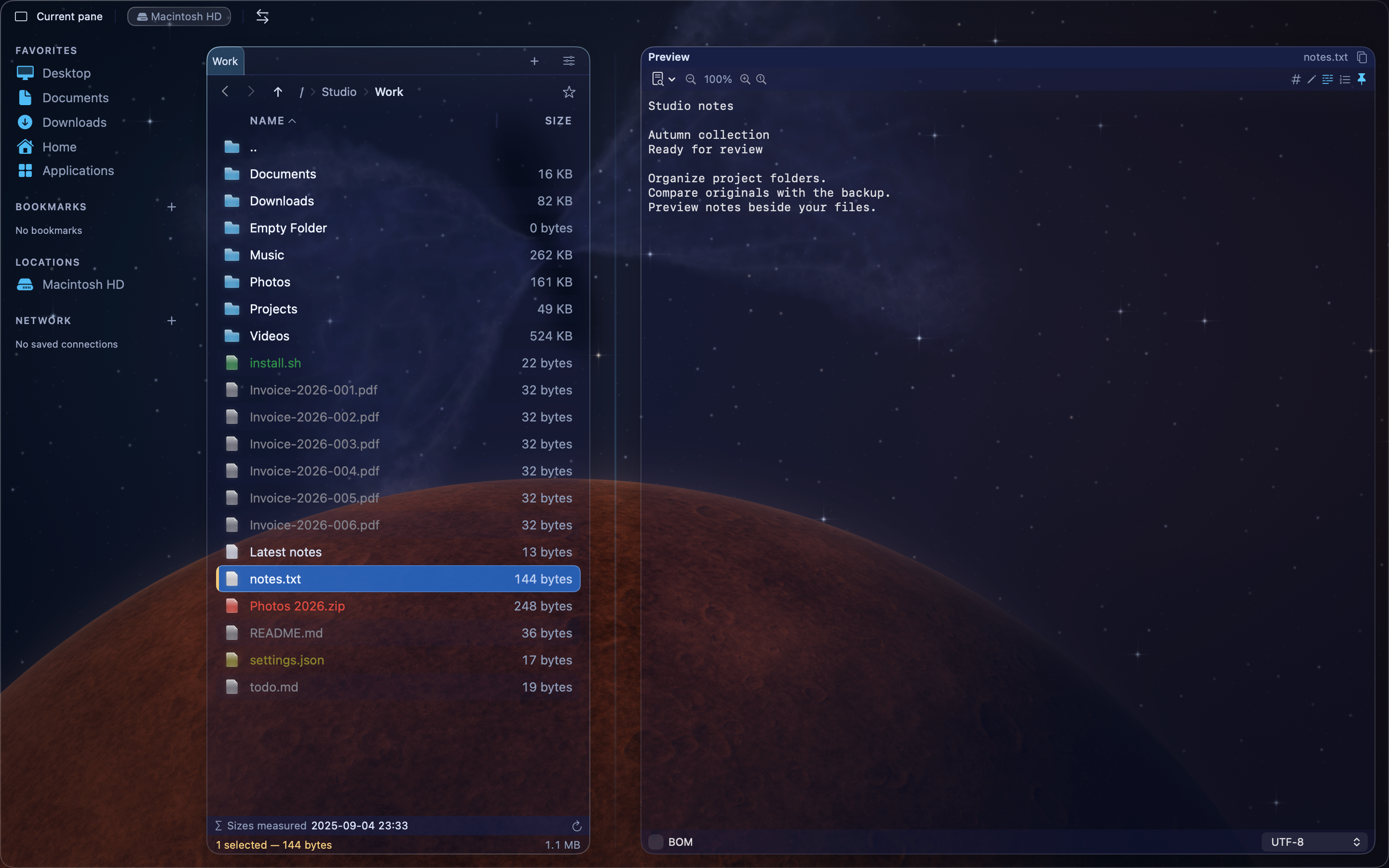 MeiFiles selected file list on the left and its text preview on the right.